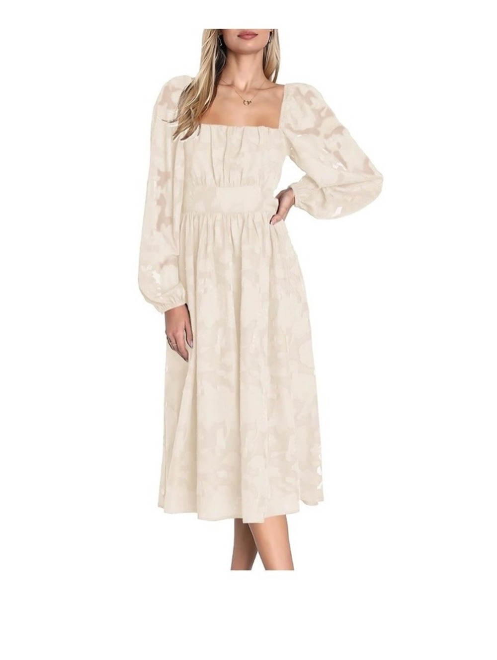 Elegant Ivory Long Sleeve Midi Dress with Textured Floral Pattern Small